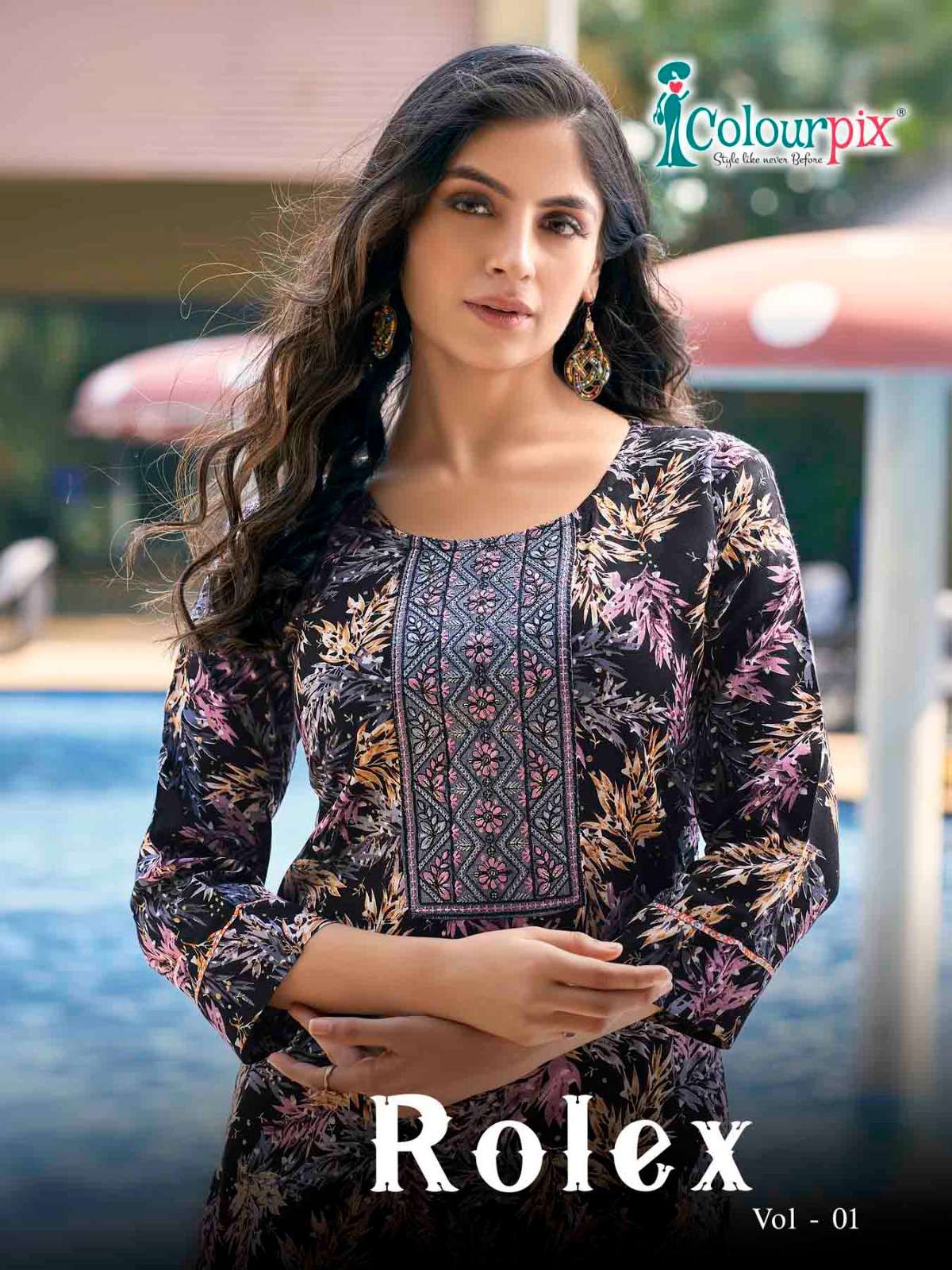 ROLEX VOL 1 HEAVY RAYON FOIL PRINTED SEQUENCE WORK KURTI BY COLORPIX BRAND POSTER